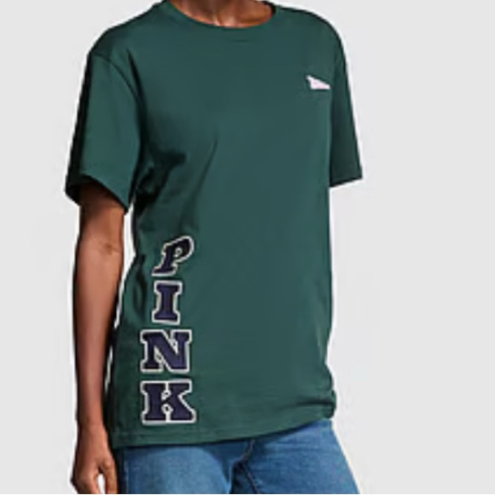 PINK Victoria's Secret Deep Forest Campus Tee with Pink Logo